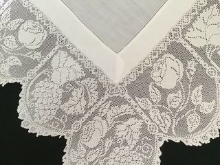 Stunning Large Antique Irish Linen Tablecloth Deep Lace Trim/roses & Grapevine