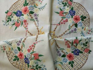 Vintage Pretty Embroidered Baskets Of Flowers Spring Florals Tablecloth