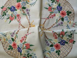 VINTAGE PRETTY EMBROIDERED BASKETS OF FLOWERS SPRING FLORALS TABLECLOTH 2