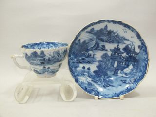 (b) 18thc Chinese Porcelain Tea - Cup & Saucer With Blue Landscape Decor