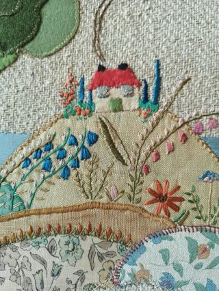 Detailed Embroidered Floralmixed Media Applique Cottage Sea View Fabric Picture