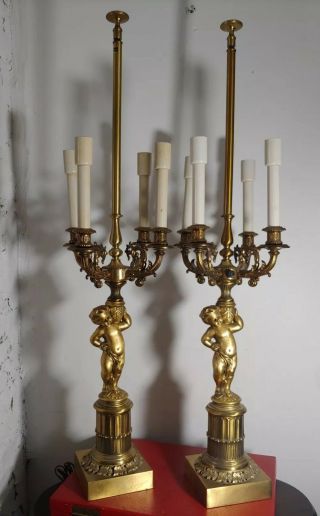 2 Vintage French Baroque Brass Column Cherub Angel Lamp Bloom Chicago Candelabra