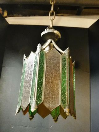 Antique Brass Art Deco Pendant Hanging Light Amber & Green Colored/stained Glass