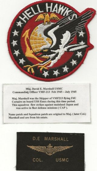 Squadron Patch Usmc Major David Marshall Commander Vmf - 213 With Later Name Tape