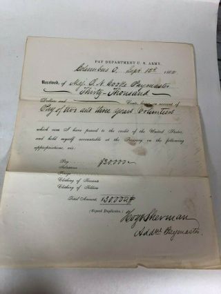 Pay Dept Of U.  S.  Army Civil War 1962 Receipt Signed Isaac Cooke & Hoyt Sherman