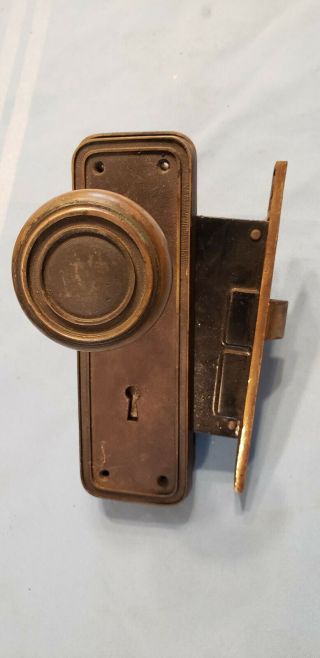 Antique Brass Exterior Entry Door Lockset Knobs Plates & Lock Corbin