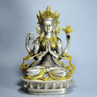 Collect Antique Tibet Silver Gilding Carve Thousand - Hand Buddha Precious Statue