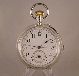 Unusual Split Seconds Chronograph Sterling Silver Open Face 18s Pocket Watch