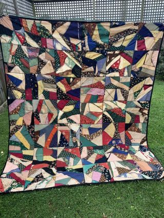 Vintage Early Briar Stitched Crazy Quilt With Black Trim