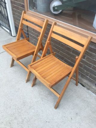 2 Vintage Antique Wooden Folding Chairs Wood Slat Seats Pair Set