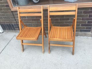 2 Vintage Antique Wooden Folding Chairs Wood Slat Seats Pair Set 2