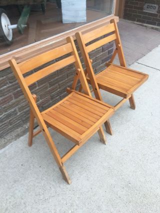 2 Vintage Antique Wooden Folding Chairs Wood Slat Seats Pair Set 3