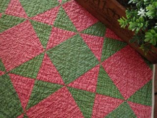 Early 1880s Antique Red Or Deep Double Pink & Green Table Quilt 22x17