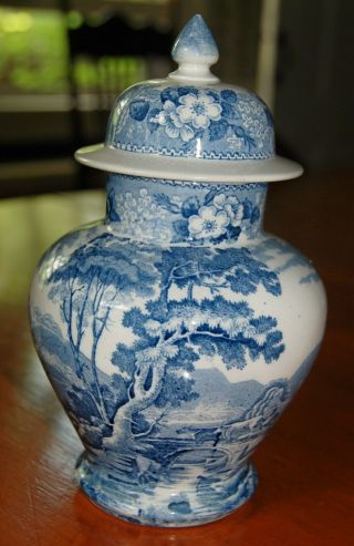 Rare 19th C.  Mediium Blue Staffordshire Lidded Jar,  Charming Country Scene