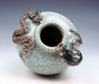 Antique Chinese Crackle Porcelain Water Pot Jar W/ Snake & Mouse 07131803