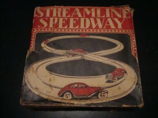 1950 Marx Streamline Speedway Race Set 2 Tinplate Litho Car With Key,  Track