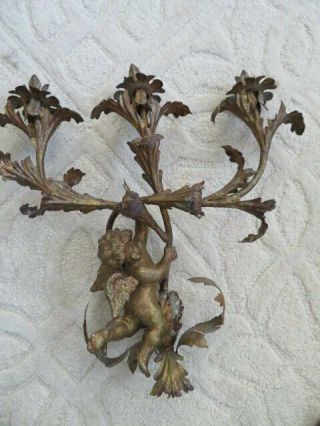 Fabulous Old Vintage Italian Tole Wall Sconce Cherub With Wings Candle Holder