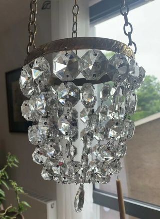 Antique Art Deco Glass Crystal Drop Chandelier Light Hanging Metal Lampshade