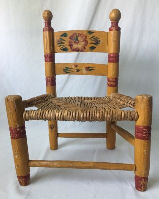 Vintage Wooden Childs Chair Woven Rush Seat Hand Painted Mexican Folk Art