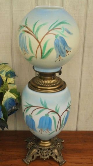 Gone With The Wind Parlor Lamp Fostoria Glass Blue & White Floral Victorian