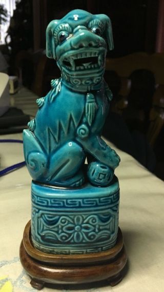 Antique 1 Chinese Turquoise Blue Porcelain Foo Dog Fitted Wood Stand Hong Kong
