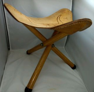 Vintage Hand Tooled Leather Tripod Saddle Stool Grand Teton Wyoming Oak Cowhide