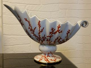 Wong Lee Vintage Coral Decorative Centerpiece Porcelain Footed Bowl Art Deco