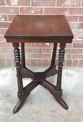Antique Side Table Plant Stand Dark Solid Wood Spindle Legs