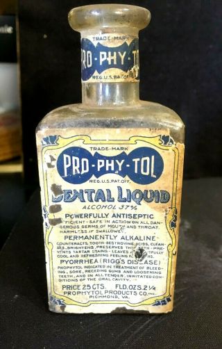 Antique Dental Medicine: Pro - Phy - Tol Dental Liquid Bottle W/paper Label Pyorrhea
