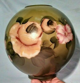 Antique Hand Painted Gwtw Glass Oil Lamp Globe Yellow Roses Gone W/ The Wind 8 "