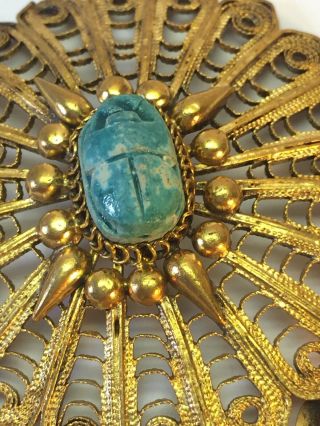 Art Deco Egyptian Revival Gilt Metal Stone Scarab Beetle Turquoise Stones L@@k
