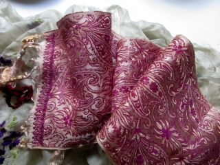 1800s Antique Victorian Paper Thin Soft Silk Paisley Ribbon Sash Tassels Frag