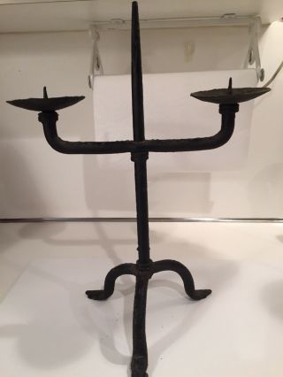 Primitive Gothic Rustic Antique Double Iron Candle Holder Heavy