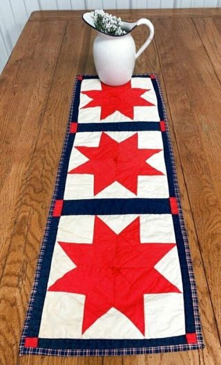 Americana Vintage Star Table Quilt Runner Red W Blue 34 X 11