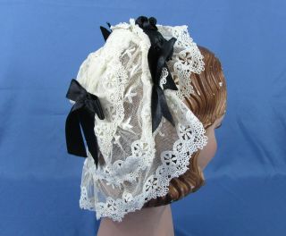 Victorian Lace Back Cap - Bun Cover - Antique Net Lace & Silk Ribbons Ca 1860 - 70