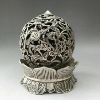 China Tibet Silver Copper Hand - Carved Lotus Pattern Hollowed - Out Incense Burner
