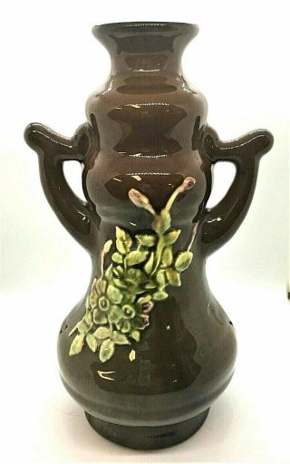 Peters & Reed Art Pottery Embossed Brown Glaze W/ Flowers Handled Trophy Vase