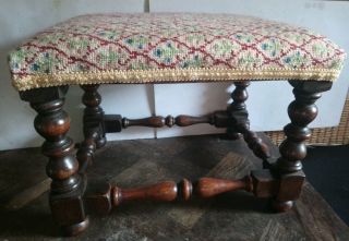 Early 20th C.  Turned Oak Footstool With Needlework Covering.  12.  5 Inches High