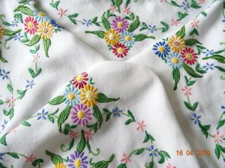 Vintage Hand Embroidered Tablecloth 37 X 40 " White Linen Loads Of Embroidery