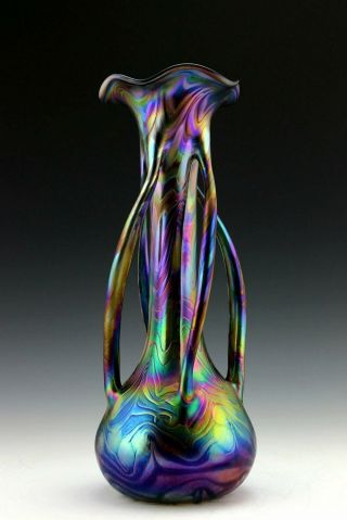 Glamorous Bohemian Art Nouveau Jugendstil Iridescent Glass 12 1/2  Tall Vase