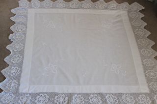 Vintage White Linen Table Cloth With Embroidered White Flowers.  And Crochet Edge
