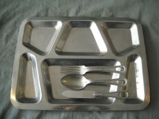 Vintage Mess Hall Tray And Utensils Stainless Steel Reenactment Military