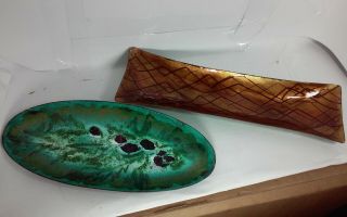 2 Interesting Mid Century Modern Enamel On Copper Trays Signed