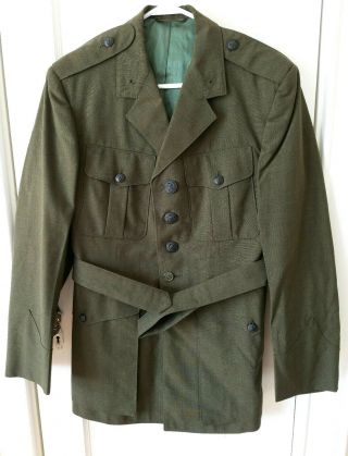 Vintage Us Marine Corps 42r Dress Green Jacket W/ Belt Usmc Poly Wool Blend