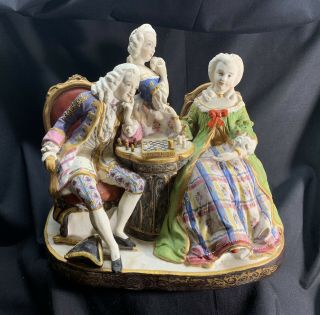 Antique Hand Painted Porcelain Figures Playing Chess
