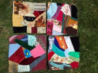 Antique Crazy Quilt 4 Squares Blocks Velvet Silk Pretty Stitching