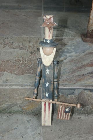 Primitive Uncle Sam Americana Folk Art Hand Carved Wooden Almost 14 " Tall