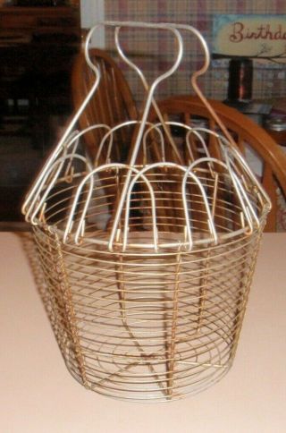 Vtg Old Primitive Wire Egg Basket Collapsing Handles Stands On Own Large