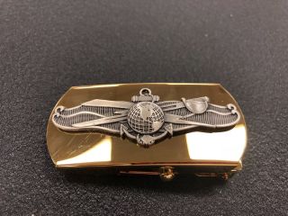 Us Navy Gold Belt Buckle With Oxydic Information Warfare Emblem Issue