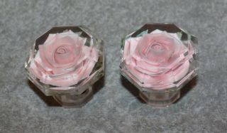 Vintage Rare Set Of Lucite Octagon Door Knobs With Pink Flowers Inside